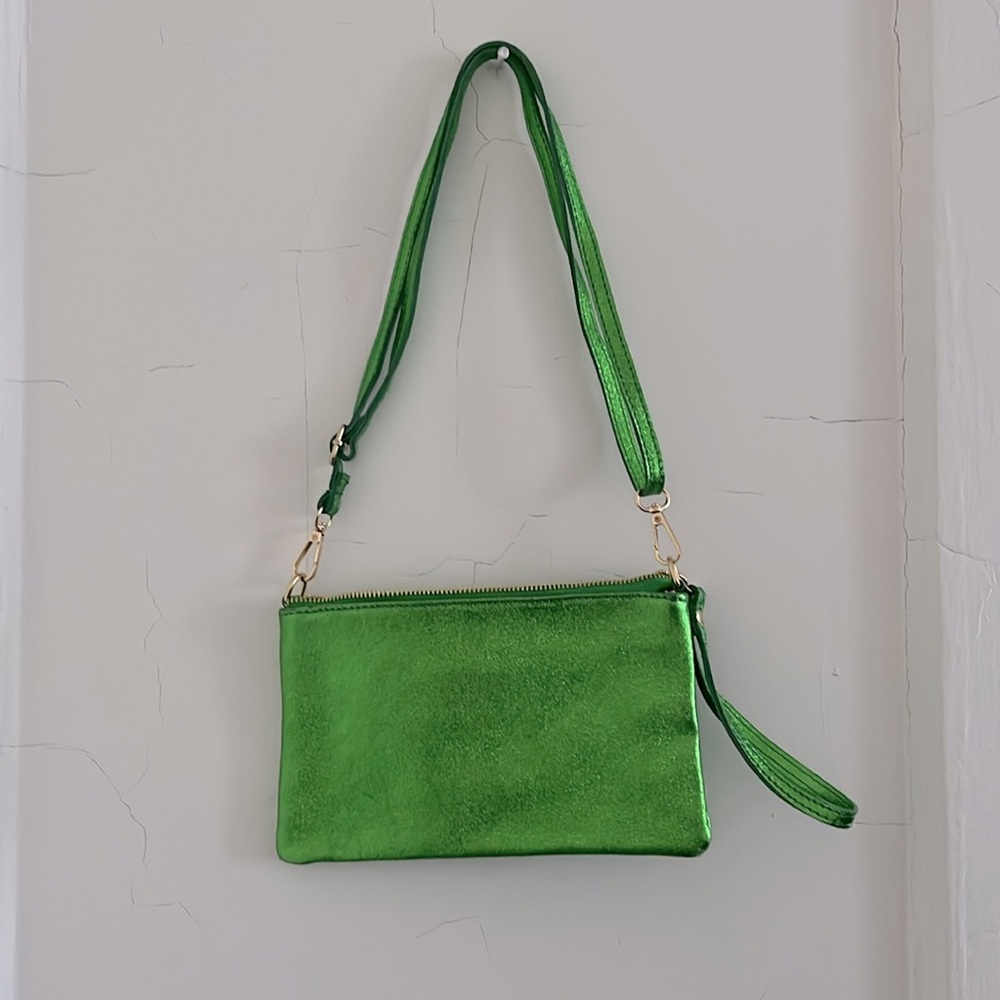 Green metallic leather crossbody bag/ wristlet